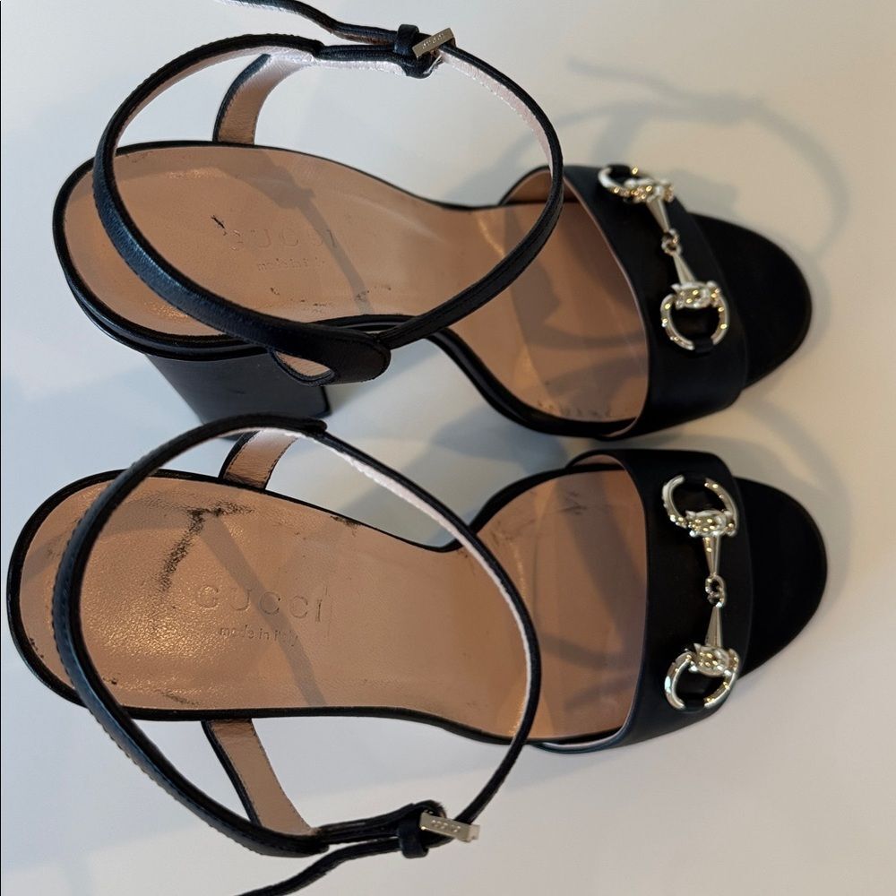 Gucci Miro Black Leather Silver Horsebit Strap Block Heels EU 37.5 US 7.5 Shoes - Picture 2 of 7